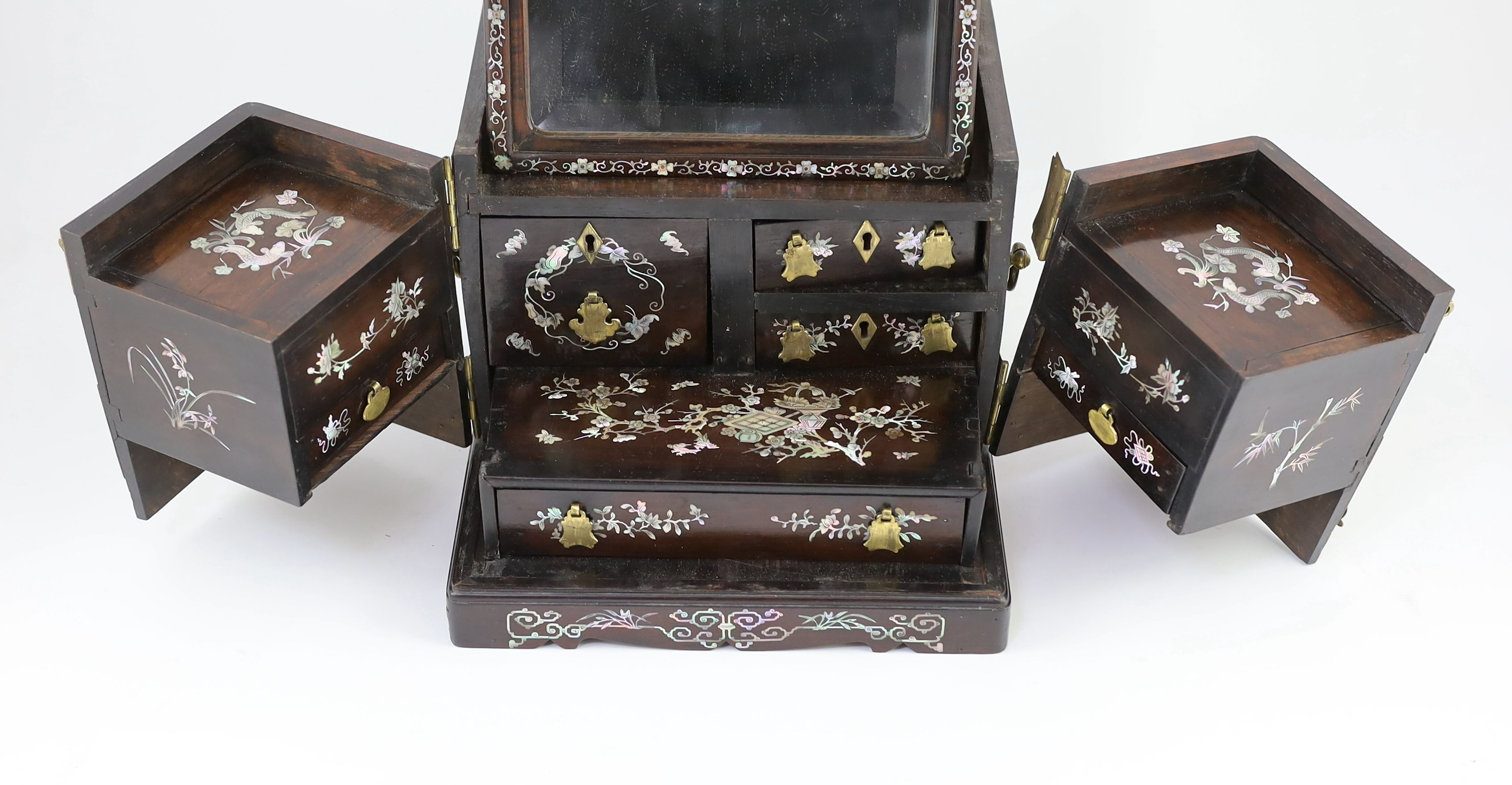 A Chinese hongmu and mother-of-pearl make up or jewellery box, late 19th century, 36 cm x 27 cm